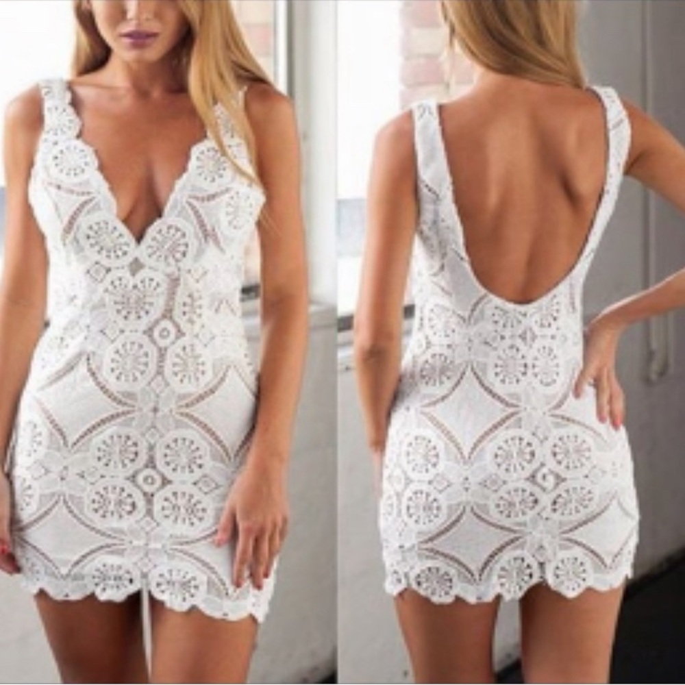 NWT hello molly dress in white lace crochet over a nude layer